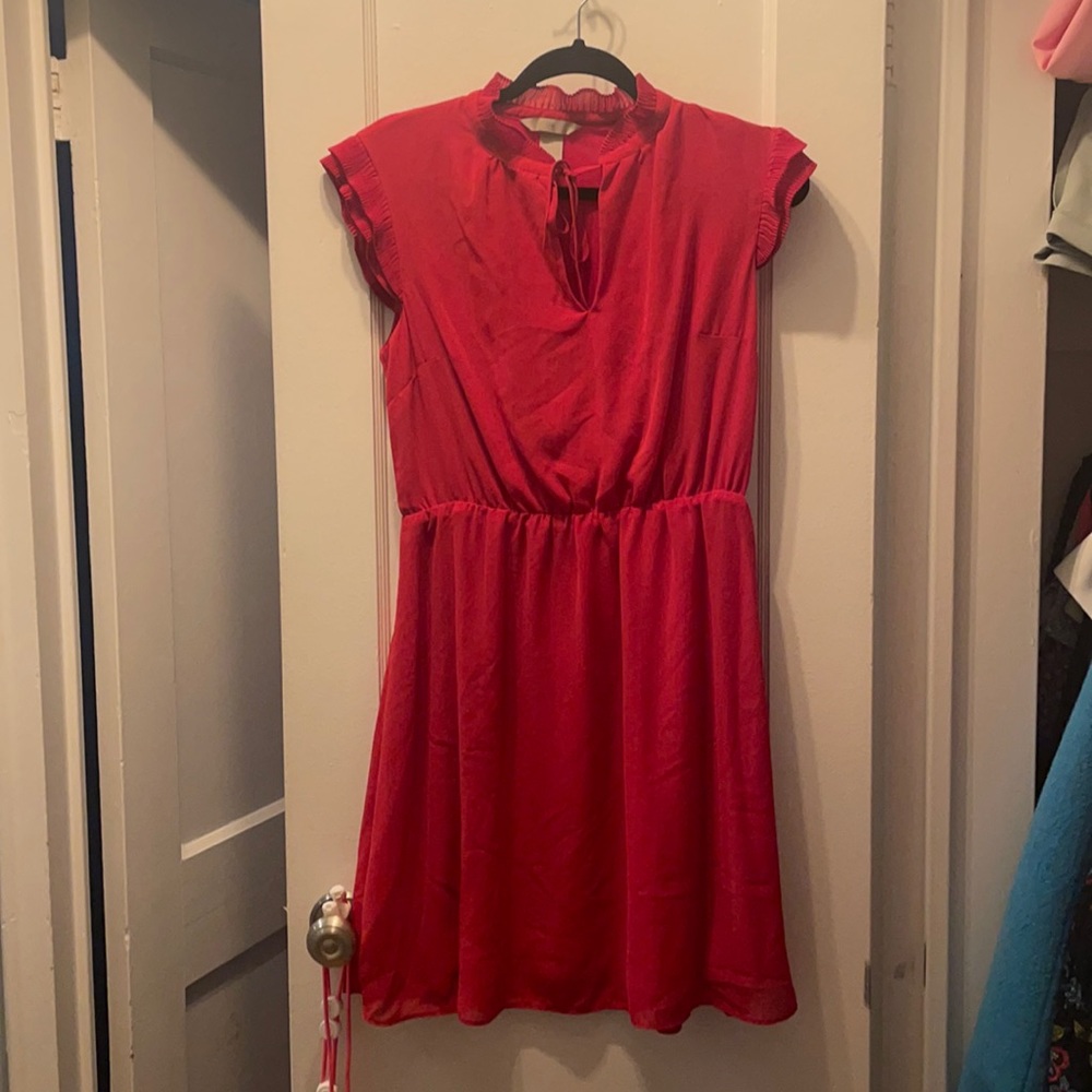 Red H&M ruffle work dress, knee length perfect for the office!